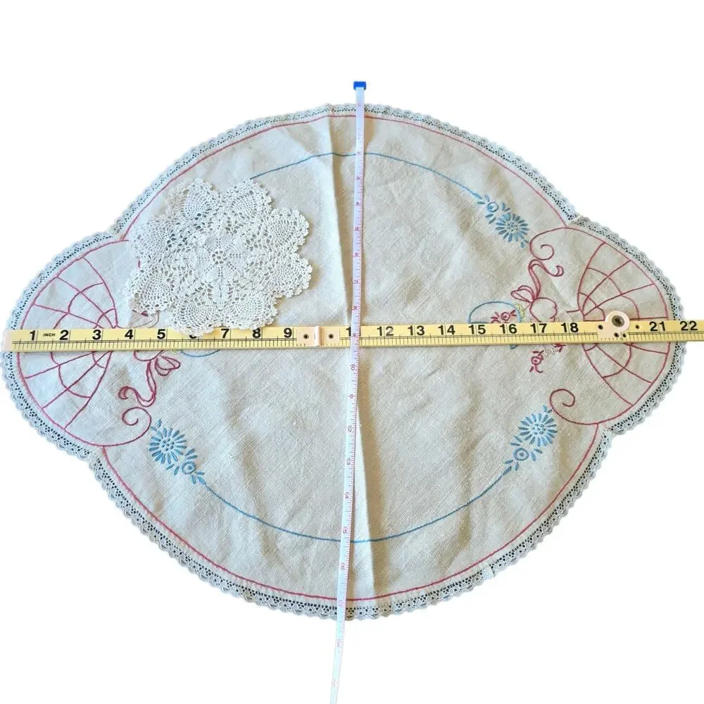 Vintage Crinoline Lady Embroidered Dresser Scarf & Crochet Doily Set Centerpiece